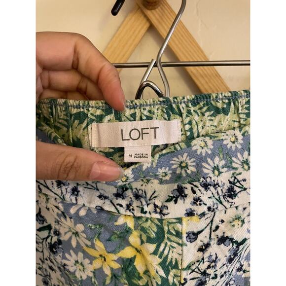 Loft Pants Women's Medium Linen Wide Leg Crop Floral Green Blue Allure Azul - Picture 3 of 10